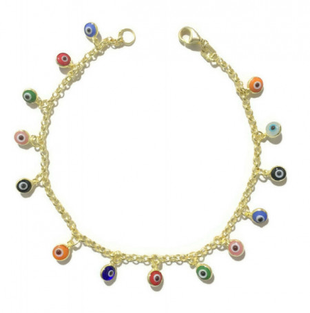 Gold-plated multicolor evil eye charm bracelet with 925 sterling silver, featuring vibrant protective beads.