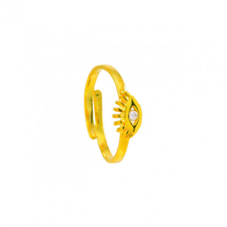 Adjustable evil eye ring in rose gold, silver, and gold-plated sterling silver design.