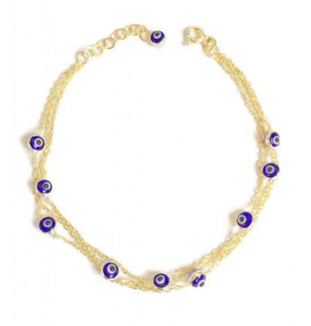 Gold-plated multi-layer bracelet with blue evil eye charms on delicate chains, combining elegance and symbolic protection.