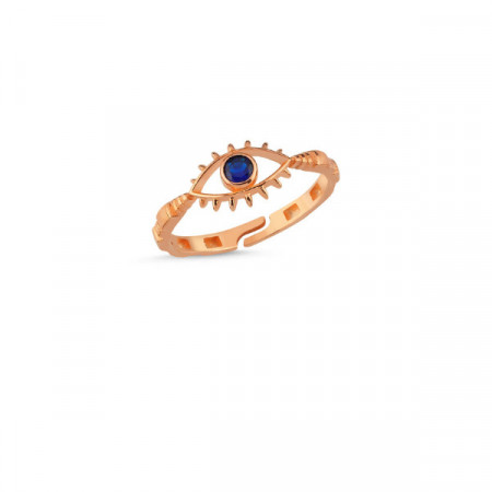 Rose gold evil eye ring with blue stone centerpiece, featuring an adjustable and symbolic design.