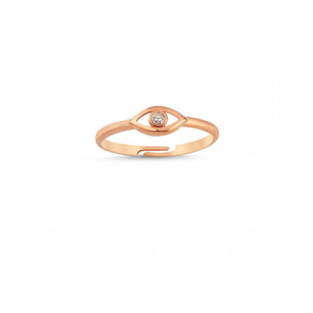 Rose gold evil eye ring with cubic zirconia stone, featuring a minimalist and modern design.