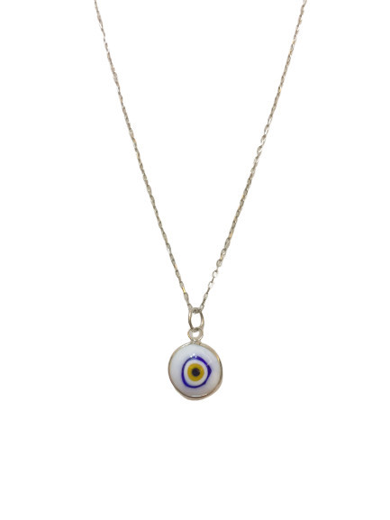 Turkish white evil eye bead necklace on a sterling silver chain, featuring a handcrafted symbolic design.