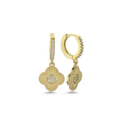 Gold-Plated Clover Drop Earrings with Textured Finish and Zircon Center