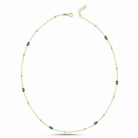 Gold-plated sterling silver necklace with vibrant green evil eye charms, symbolizing elegance and positive energy.