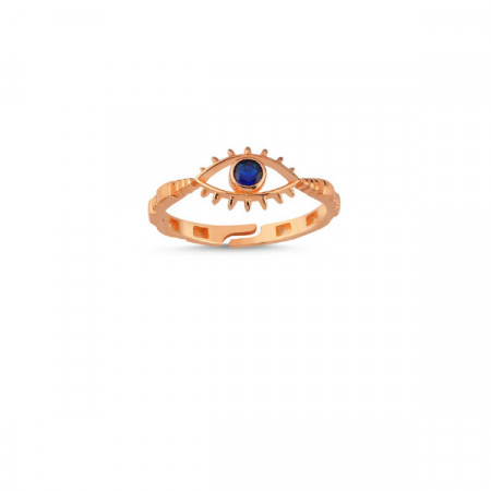 Rose gold evil eye ring with blue stone centerpiece, featuring an adjustable and symbolic design.