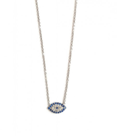 Sterling silver 925 Turkish necklace featuring an evil eye pendant with blue and white cubic zirconia stones.