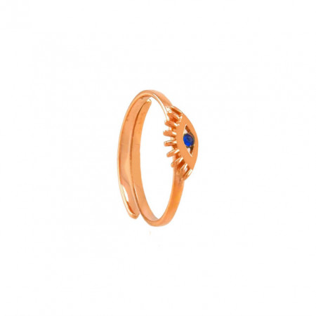 Adjustable evil eye ring in rose gold, silver, and gold-plated sterling silver design.