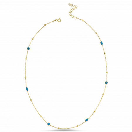 Gold-plated sterling silver necklace with round and oval blue evil eye charms, offering a blend of elegance and traditional symbolism.