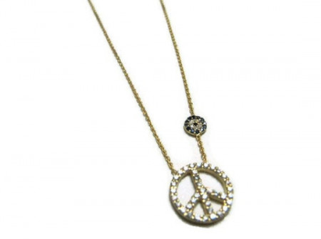 Peace sign necklace with an evil eye charm, made from 925 sterling silver, featuring sparkling stones and a meaningful design.