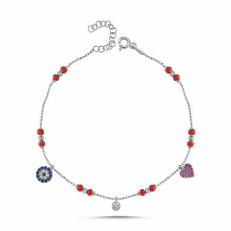 Sterling Silver Anklet with Red Beads and Colorful Charms