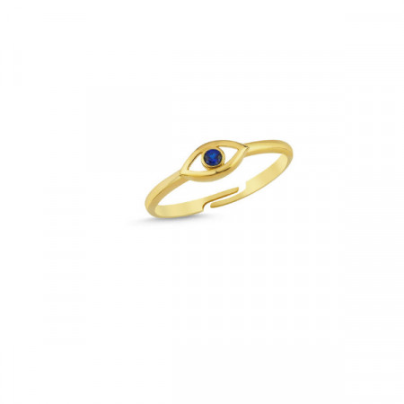 Gold evil eye ring with blue gemstone, crafted in 925 sterling silver, minimalistic design.