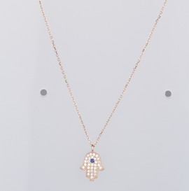 Hamsa Hand of Fatima necklace with an evil eye charm, handmade from 925 sterling silver, adorned with clear and blue cubic zirconia stones.
