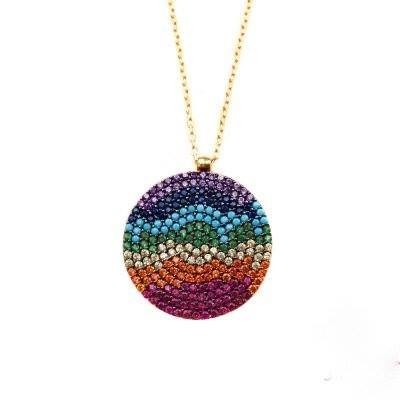 Multicolor round evil eye necklace featuring vibrant stones and a 925 sterling silver chain. Stylish and symbolic pendant design.