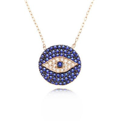 Sterling silver necklace with a round evil eye pendant, featuring blue and white cubic zirconia stones for an elegant and timeless look.