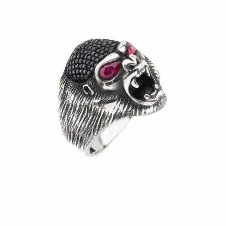 Sterling Silver Men's Ring with Gorilla Head Design and Red Eyes