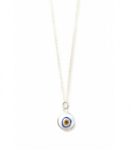 Turkish white evil eye bead necklace on a sterling silver chain, featuring a handcrafted symbolic design.