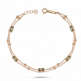 925 Silver Rose Gold Double Chain Bracelet with Dark Green Stones