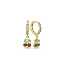 925 Sterling Silver Cherry Charm Huggie Earrings Gold Plated
