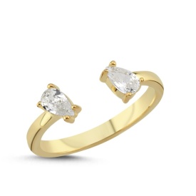 925 Sterling Silver Gold Plated Open Ring with Dual Pear-Cut CZ Stones
