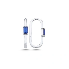 925 Sterling Silver Rhodium Plated Link Earrings with Blue Emerald-Cut Stone