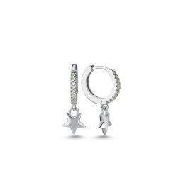 925 Sterling Silver Star Charm Huggie Earrings Rhodium Plated