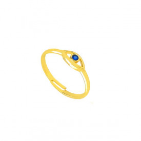 Gold evil eye ring with blue gemstone, crafted in 925 sterling silver, minimalistic design.