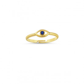 Gold evil eye ring with blue gemstone, crafted in 925 sterling silver, minimalistic design.