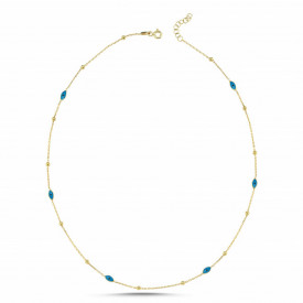 Gold-plated sterling silver necklace with blue evil eye charms, blending elegant design with spiritual significance.