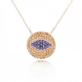 Gold-plated necklace with a round evil eye pendant, adorned with blue and champagne cubic zirconia stones for a sophisticated and stylish look.