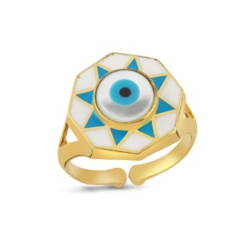 Turquoise Enamel Evil Eye Ring Adjustable Gold Turkish Design