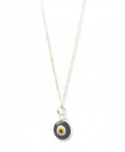 Black evil eye bead necklace with a sterling silver chain and handcrafted glass pendant.