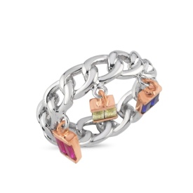 Chunky Silver Chain Ring with Colorful Dangling Gem Charms