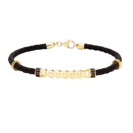 Gold Cuban Link Center Black Braided Men’s Bracelet in 925 Sterling Silver – Wholesale Export Jewelry