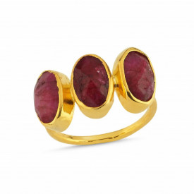 Gold-Plated Triple Oval Ruby Gemstone Ring
