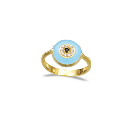 Gold-Plated Turkish Evil Eye Ring with Light Blue Enamel