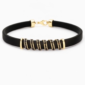Gold Segmented Cylinder Design Black Rubber Men’s Bracelet – Wholesale 925 Sterling Silver B2B Supply