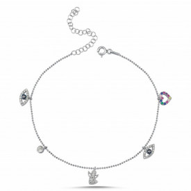 Sterling Silver Anklet with Multicolor Charms Wholesale Evil Eye