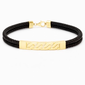 Wholesale 925 Sterling Silver Gold Geometric Plate Black Leather Men’s Bracelet – Bulk Export Collection