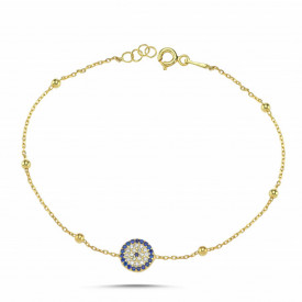 925 Sterling Silver Gold Evil Eye Charm Bracelet Blue CZ Stones