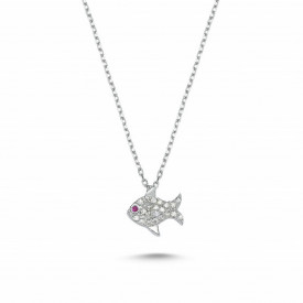 Fish Design Necklace with CZ Stones Sterling Silver 925