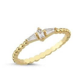Gold Beaded Band Ring with Baguette CZ Stones in 925 Silver