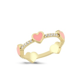 Gold Heart Ring with Pink Enamel and CZ Accents for Gifting