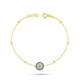 Gold-Plated Evil Eye CZ Charm Bracelet 925 Sterling Silver