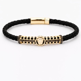 Lion Head Gold Bar Black Braided Men’s Bracelet – Wholesale 925 Sterling Silver Turkish Manufacturer