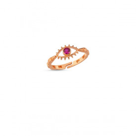 Rose gold evil eye ring with red stone centerpiece, featuring a minimalist and symbolic design.