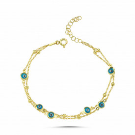 Sterling Silver Double Chain Evil Eye Charm Bracelet Gold Plated