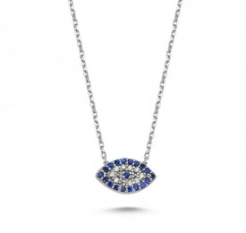 Turkish Evil Eye Necklace Sterling Silver 925 Blue White Stones