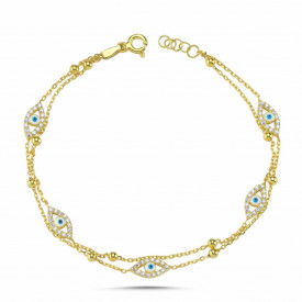925 Sterling Silver Gold Double Chain Evil Eye Bracelet