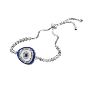 Adjustable Silver Evil Eye Bracelet with Blue and White Enamel