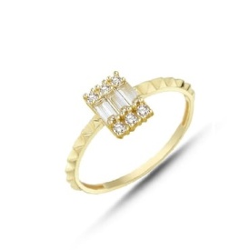 Baguette & Round CZ Ring 925 Sterling Silver with Gold Plating